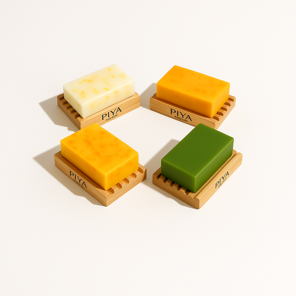 PIYA Beauty natural bar soaps on wooden trays – Turmeric, Neem, Saffron and herbal skincare collection